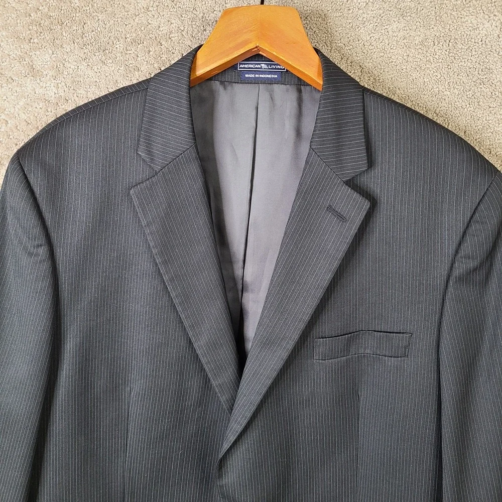 American Living Jacket Mens 44L Black Striped Blazer‎ Wool Blend 2 Btn Suit Coat